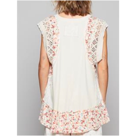 POL Cream Floral Print button Lace Tunic Tank Top - Picture 3 of 5
